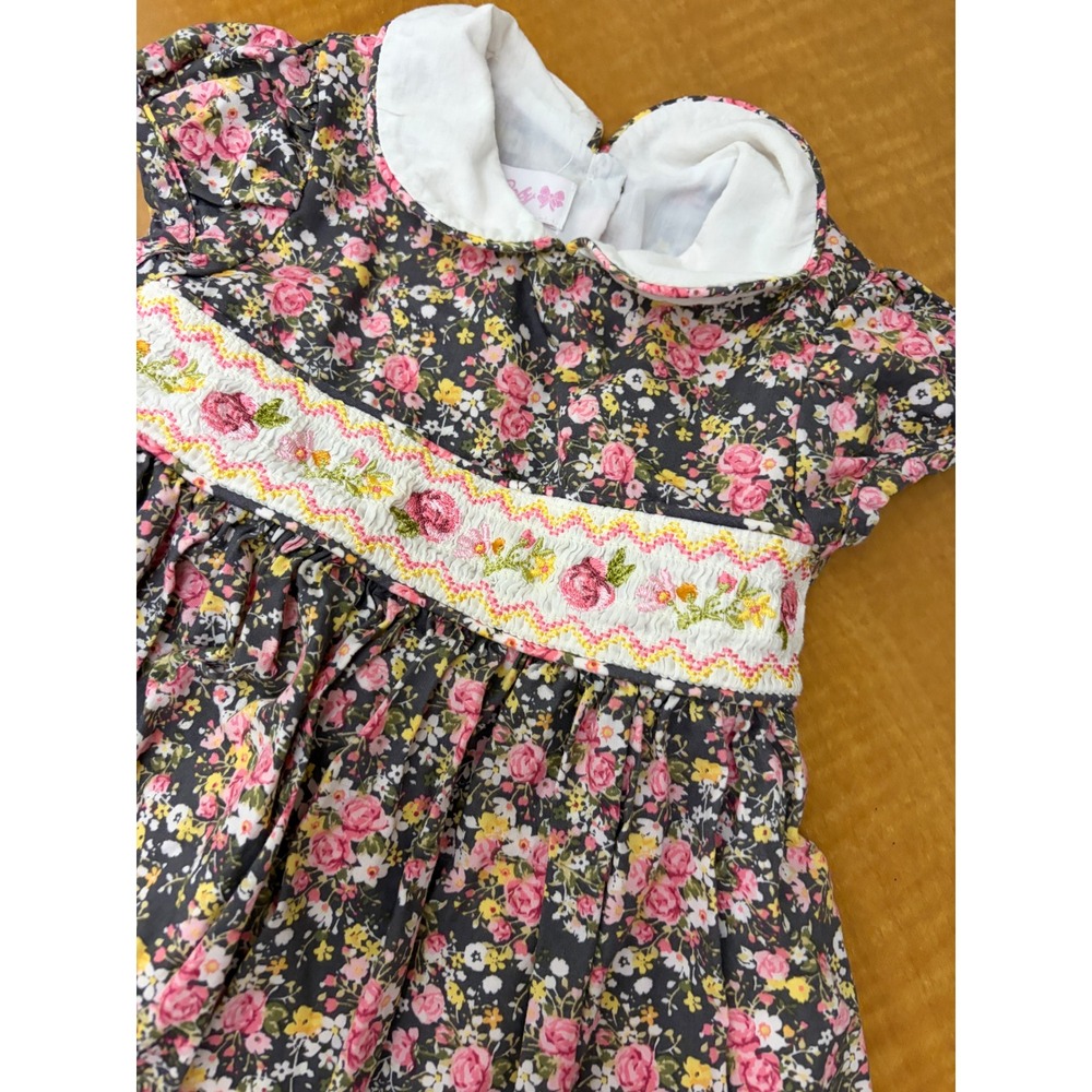 Bonnie Baby Girls 18M Floral Smocked Dress Grey Pink Rose B50832-PS